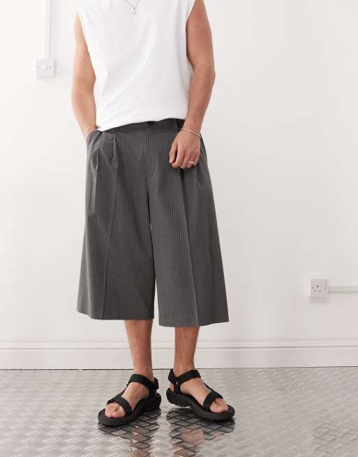 Weekday loose fit long tailored shorts in grey stripe