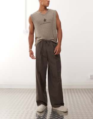 loose fit wide leg pants in dark mole check-Brown
