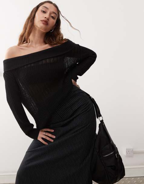Weekday Lori off shoulder lightweight knit jumper in black exclusive to ASOS - view 1