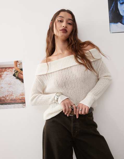 Weekday Lori off shoulder lightweight knit jumper in white - view 1