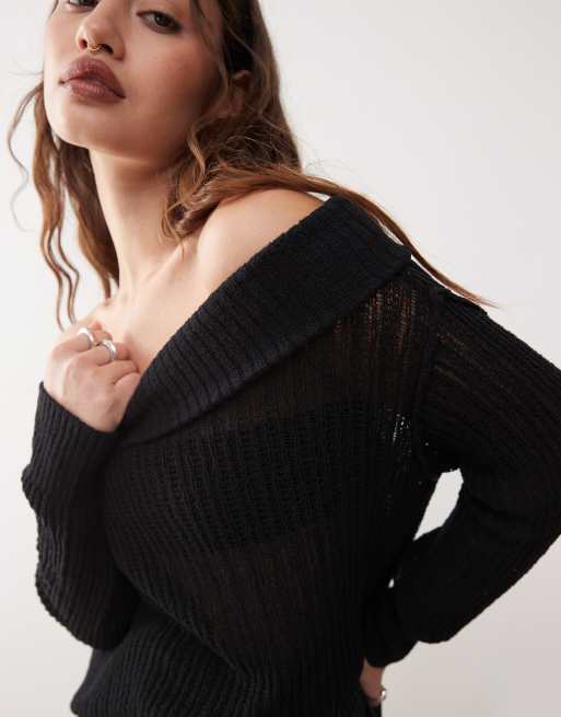 Weekday – Lori – Svart, tunn, stickad off shoulder-tröja, exklusivt hos ASOS, 3 av 4