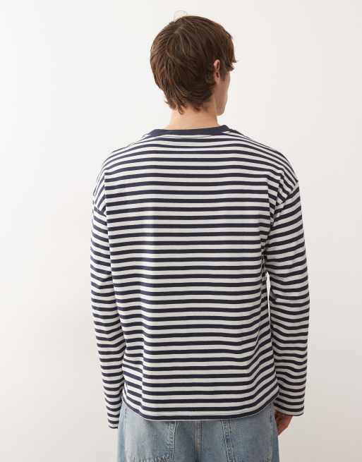 Weekday - Losse rechte gestreepte top met lange mouwen in marineblauw en gebroken wit, 3 van 5