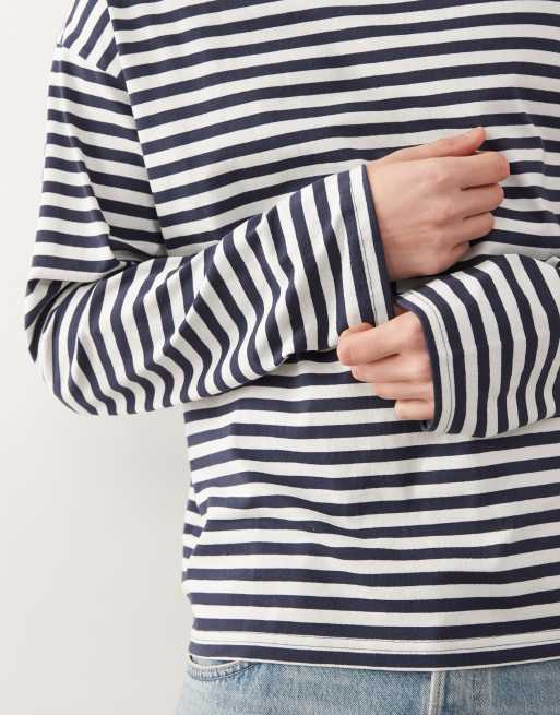 Weekday - Losse rechte gestreepte top met lange mouwen in marineblauw en gebroken wit, 5 van 5