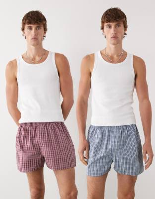 Weekday - Lot de 2 caleçons tissés à carreaux - Rouge et bleu-Multicolore