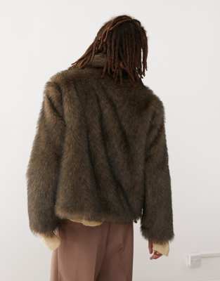 Weekday Lothar Faux Fur Jacket With Collar In Brown