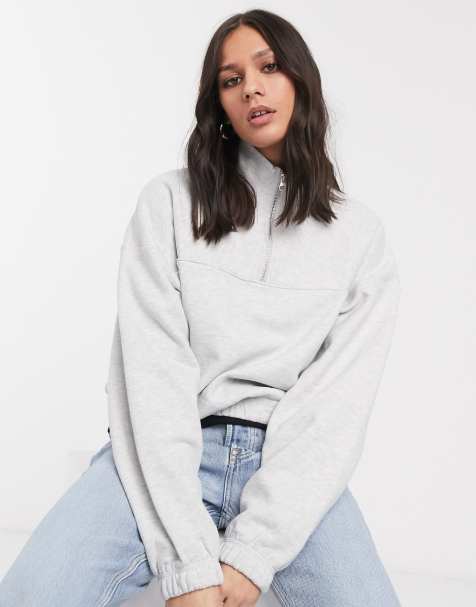 Weekday – Lou – Grau meliertes Sweatshirt mit kurzem Reißverschluss