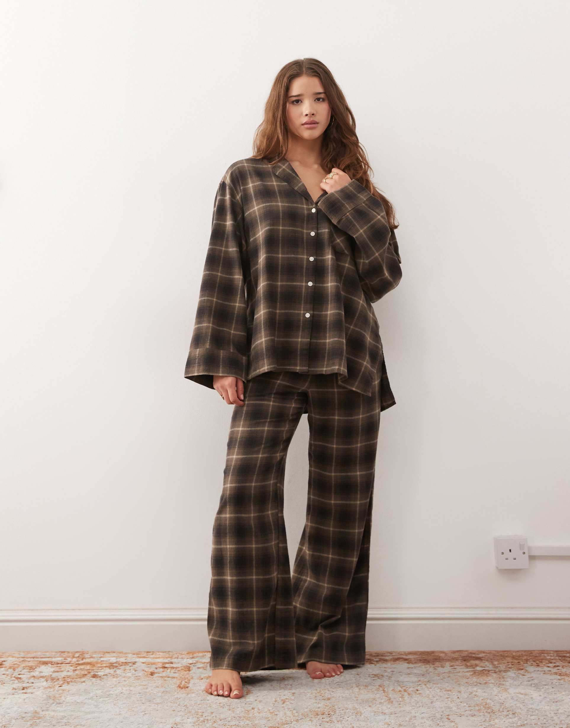 weekday lounge flannel pants in brown plaid - part of a set