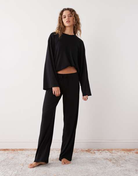 Weekday – Lounge-Hose in Schwarz mit niedrigem Bund und weitem Bein, Kombiteil - view 1
