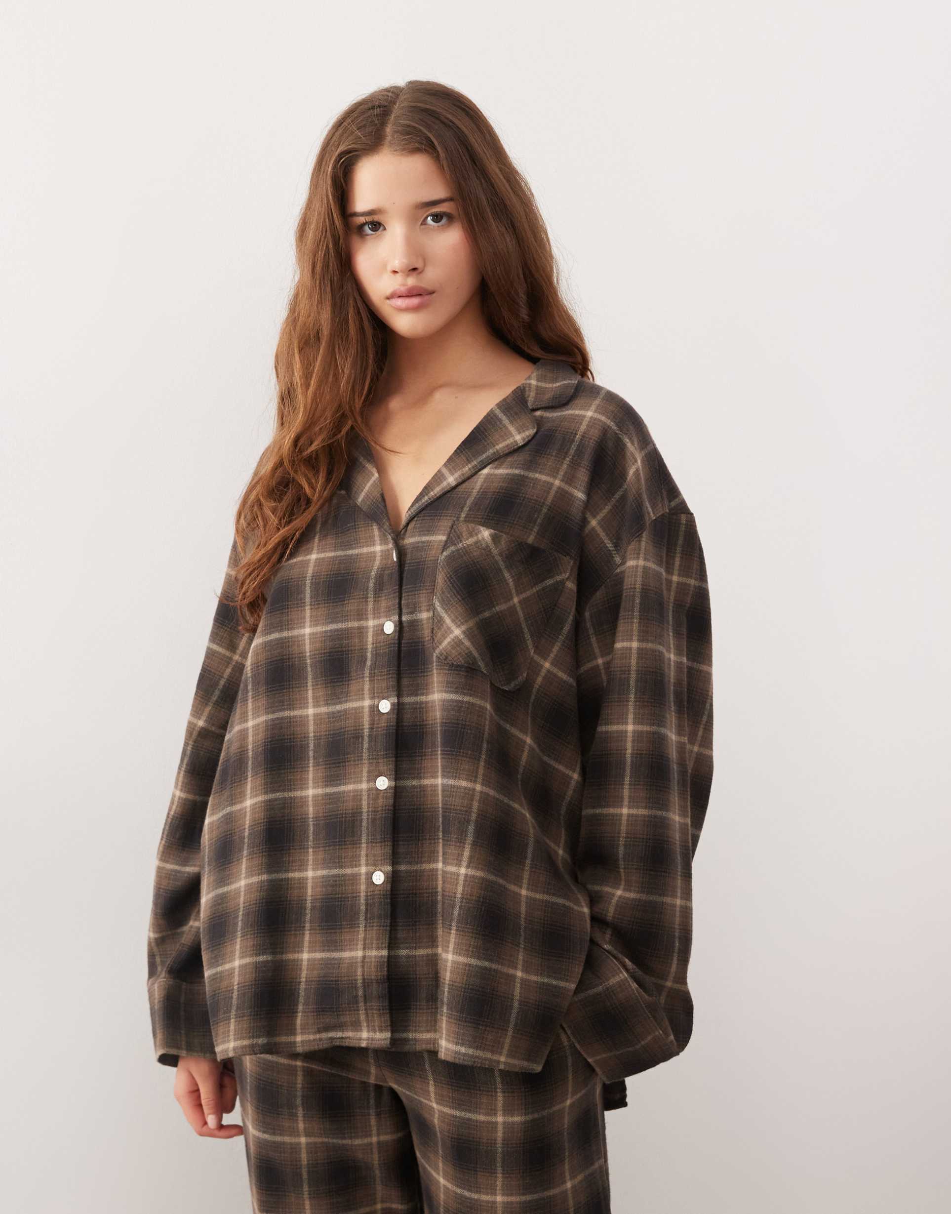 weekday lounge oversized shirt in brown plaid - part of a set