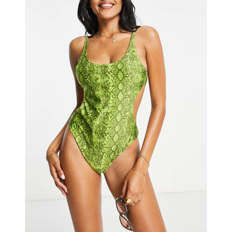 Weekday low back snake print swimsuit in green MGREEN ASOS