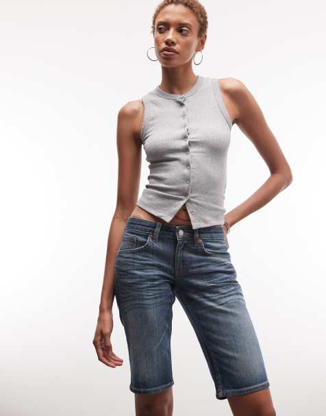 Weekday low rise slim fit denim shorts in faded blue - view 1