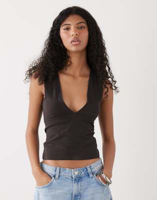 Weekday low v-neck top in dark brown