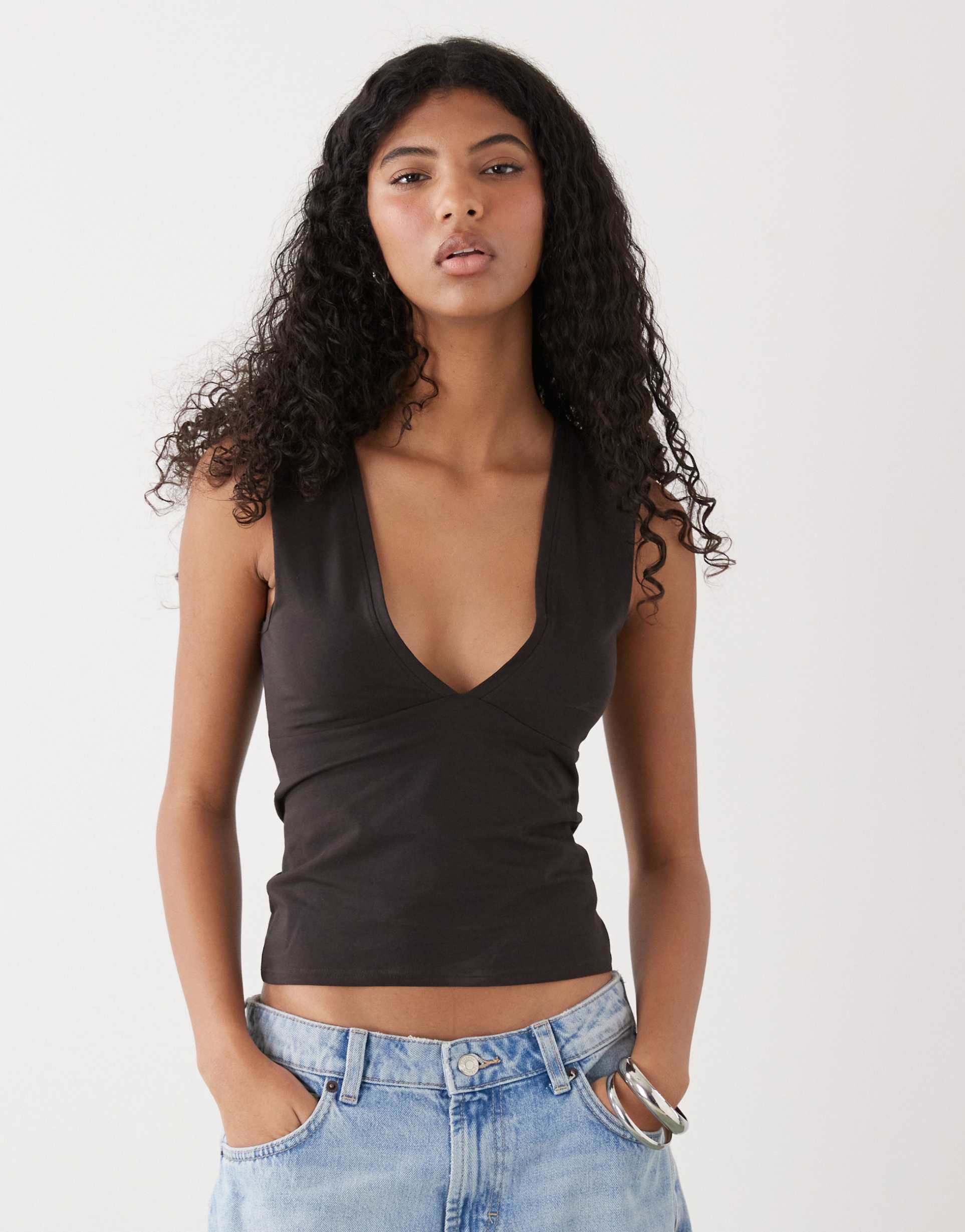 weekday low v-neck top in dark brown