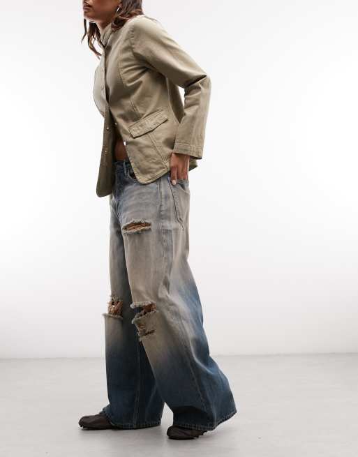 Weekday low waist baggy wide leg jeans with distressed details in blue with pink tint, 2 of 5