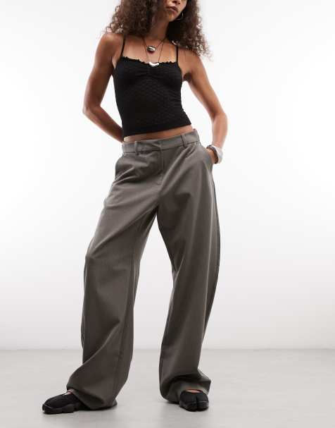Weekday low waist barrel leg tailored trousers in dark mole - view 1