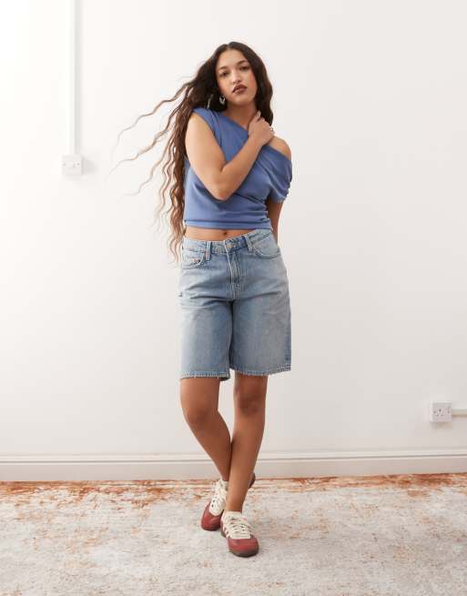 Weekday low waist knee length denim shorts in blue