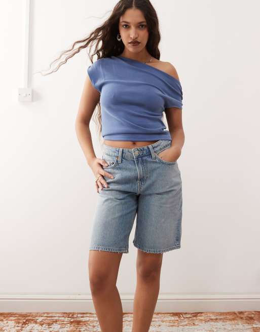 Weekday low waist knee length denim shorts in blue