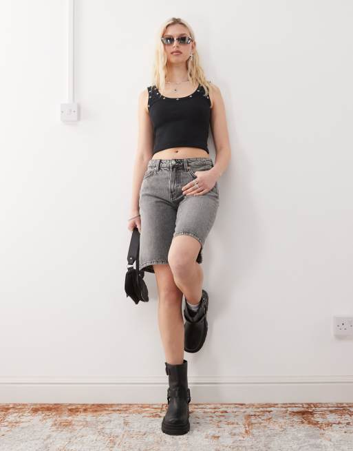 Weekday low waist knee length denim shorts in washed dark gray | ASOS
