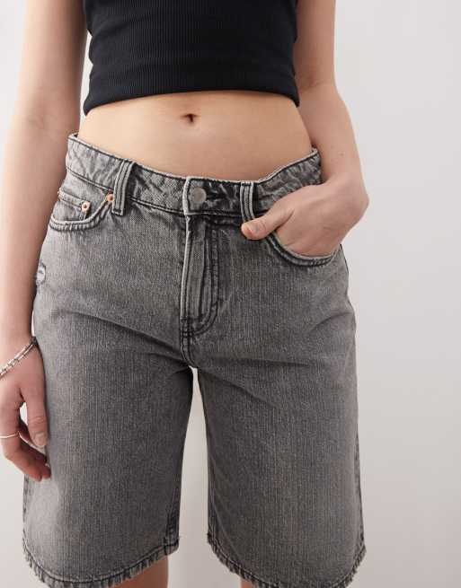 Weekday low waist knee length denim shorts in washed dark grey ASOS