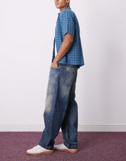 Weekday low waist loose fit barrel leg jeans with dart shaping in washed blue, 3 of 5