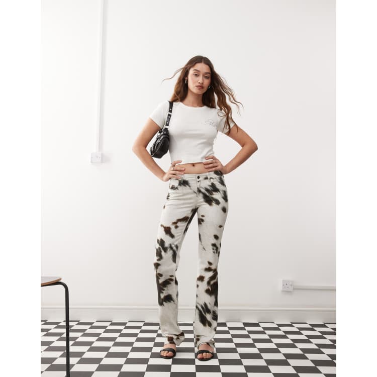 Weekday low waist straight leg pants in cow print | ASOS