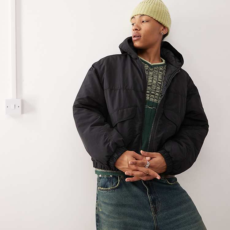 Weekday Lucas oversized hooded bomber jacket in washed black Weekday Lucas oversized hooded bomber jacket in washed black