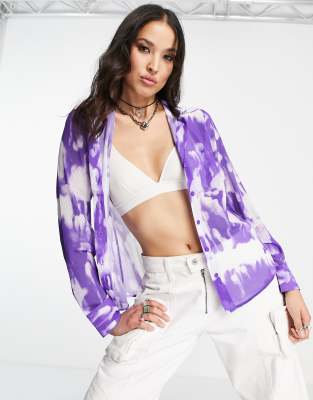 Shop Weekday Lucid Polyester Mesh Shirt In Watercolor Purple Print - Purple