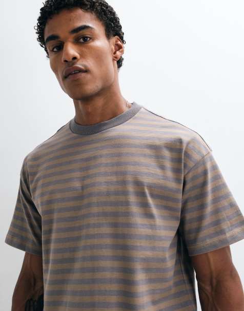 Weekday luźny, pudełkowy T-shirt w szary i brązowy pasek - view 1