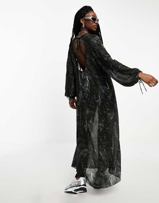 Weekday Maeve long sleeve maxi dress with open back in black print | ASOS