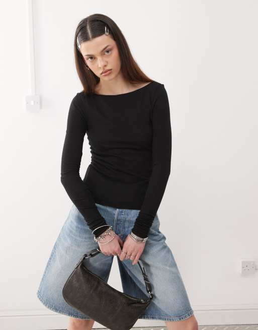 Weekday - Maglietta a maniche lunghe in misto lino nera - In esclusiva per ASOS