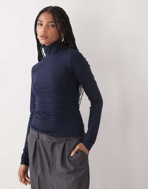 Weekday - Maglietta a maniche lunghe slim a collo alto con motivo a righe blu navy e nere - view 1