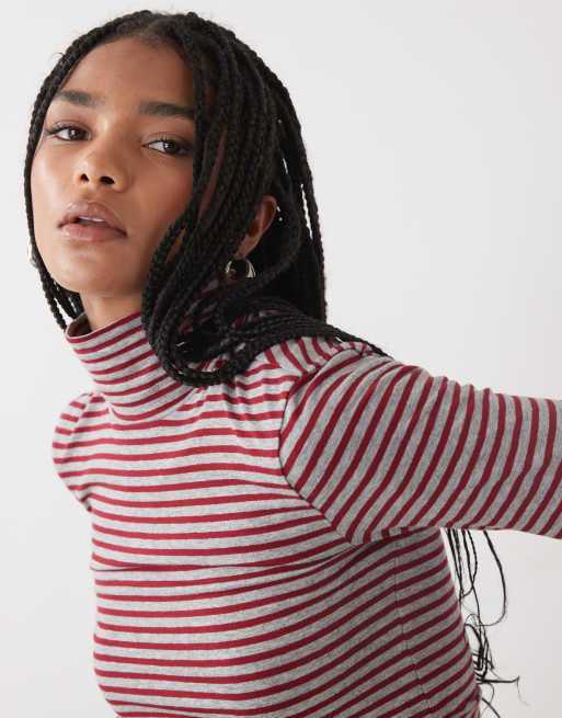 Weekday - Maglietta slim a collo alto con motivo a righe rosse e grigie a maniche lunghe, 2 di 4
