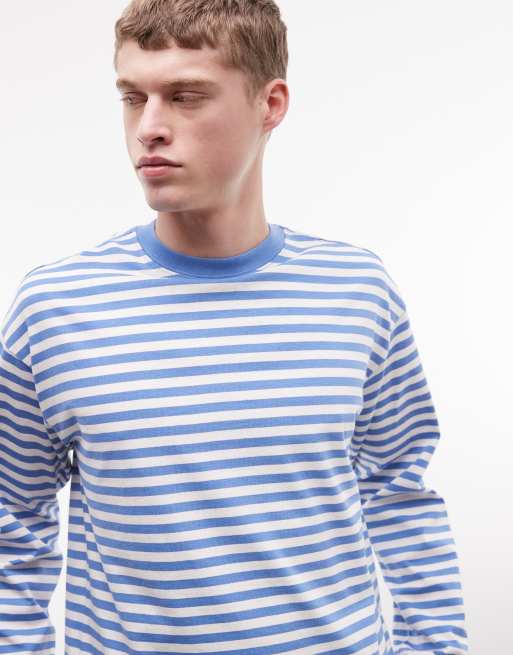 Weekday - Maglietta squadrata oversize a maniche lunghe a righe blu e bianco sporco, 3 di 5