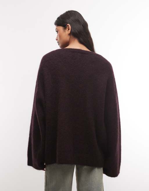 Weekday maglione a V in misto lana e mohair, melange bordeaux scuro, 4 di 4