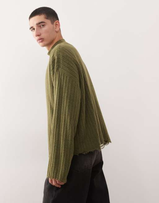 Weekday - Maglione accollato kaki a coste con orlo invecchiato, 3 di 5