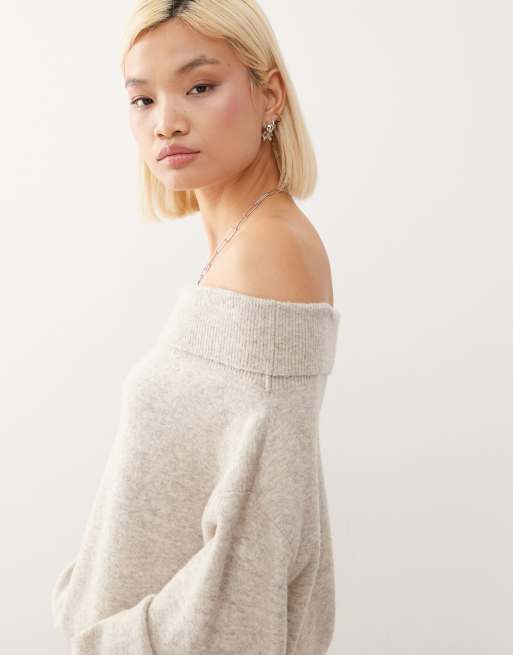 Weekday - Maglione ampio beige mélange con spalle scoperte e scollo alla Bardot - In esclusiva per ASOS , 2 di 4