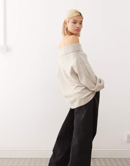 Weekday - Maglione ampio beige mélange con spalle scoperte e scollo alla Bardot - In esclusiva per ASOS , 3 di 4