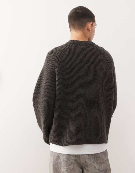Weekday - Maglione bicolore color talpa scuro e nero in misto lana a coste con maniche raglan , 3 di 5