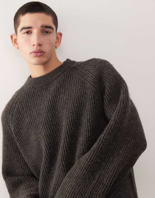 Weekday - Maglione bicolore color talpa scuro e nero in misto lana a coste con maniche raglan , 4 di 5
