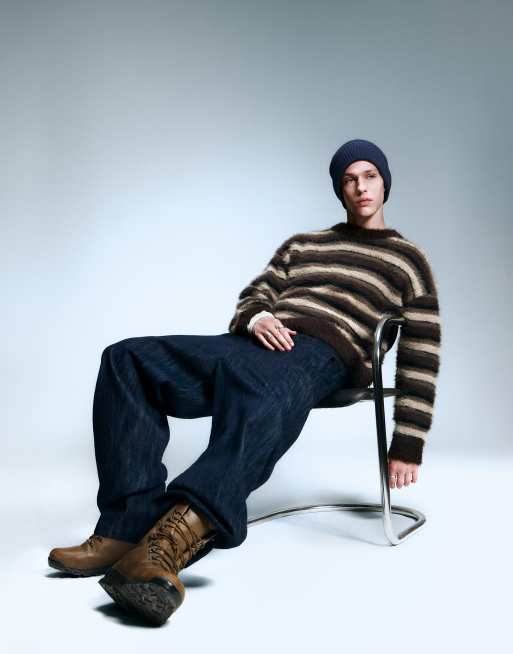 Weekday - Maglione oversize in maglia lanuginosa marrone a righe, 2 di 5