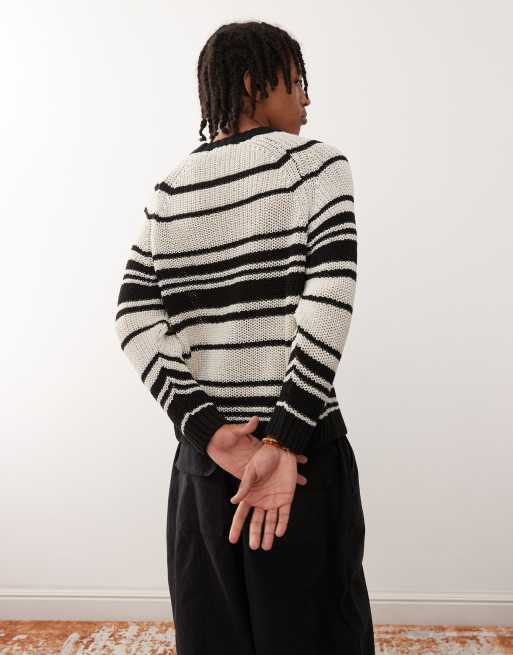 Weekday - Maglione oversize traforato beige a righe, 4 di 4