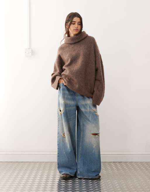 Weekday - Maglione premium oversize color talpa in misto lana e mohair con collo alto, 4 di 4