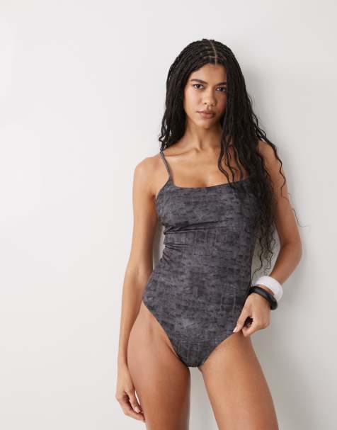 Weekday - Maillot 1 pièce à encolure carrée et dos échancré - Imprimé croco anthracite - view 1