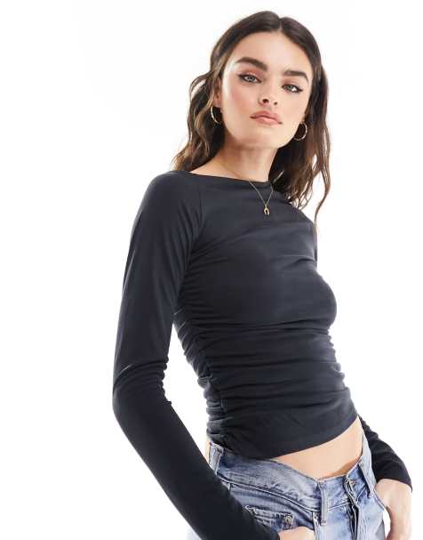 Weekday Main asymmetric ruched long sleeve top in black - view 1