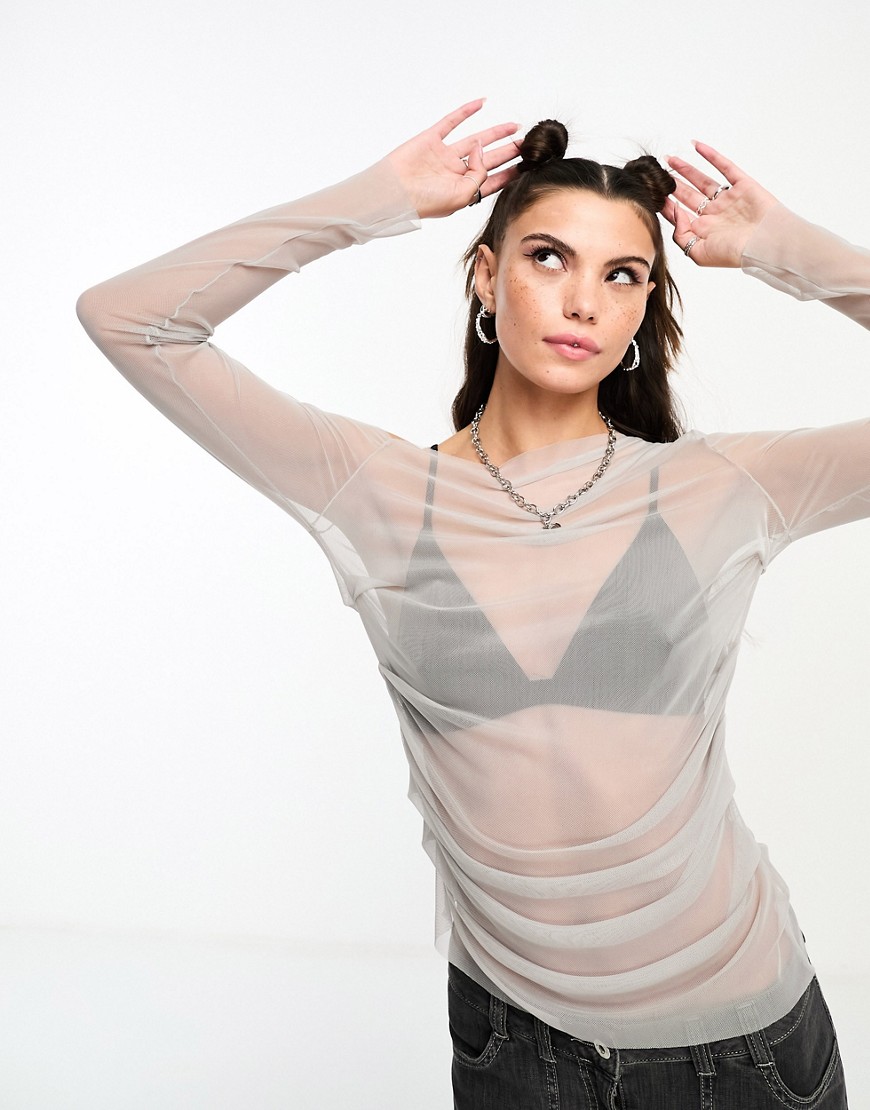 Weekday Main sheer long sleeve top with side rouche detail in grey
