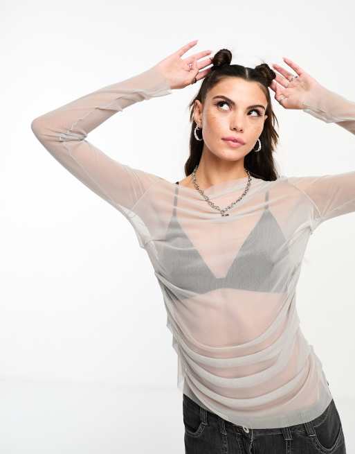 Weekday - Main - Top a maniche lunghe trasparente grigio con arricciatura laterale