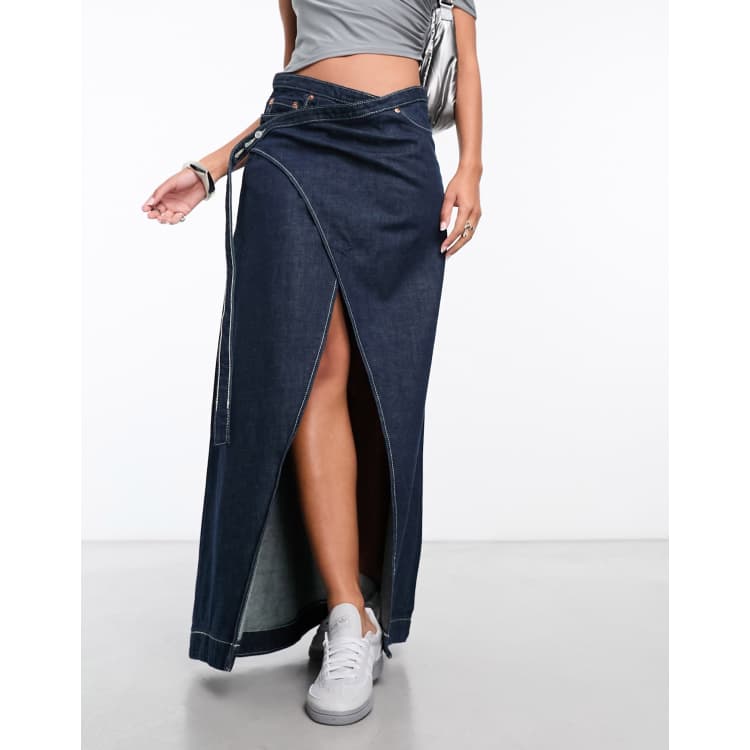 Dark wash 2025 denim wrap skirt