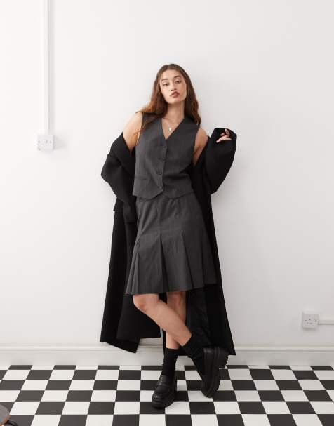 Weekday Maise co-ord pleated midi skirt in dark grey pinstripe - view 1
