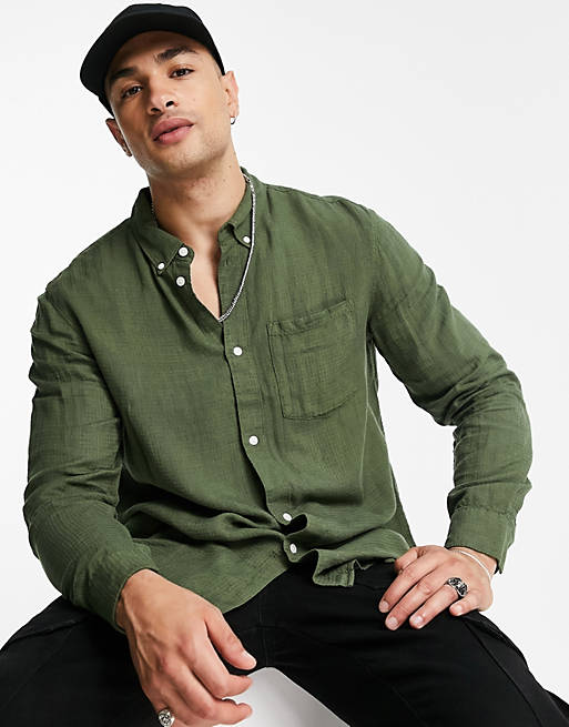 Men Weekday malcon structured shirt in green 