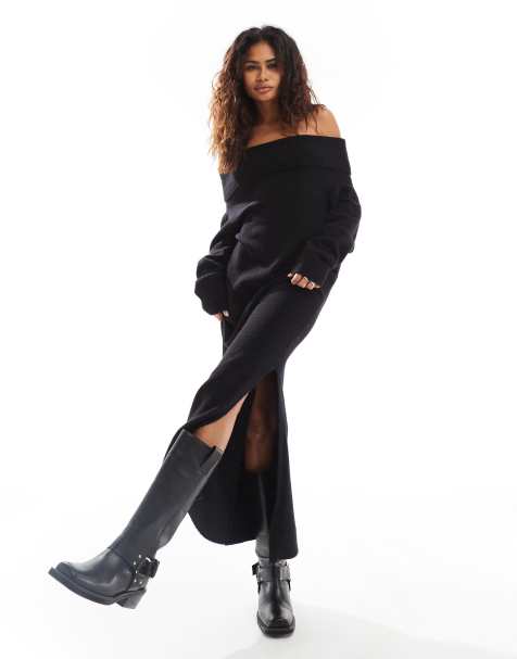 Weekday Malena bardot knitted maxi dress with side split in black exclusive to ASOS - view 1